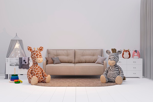 Ilustración procesada en 3D de una habitación para niños con animales de peluche