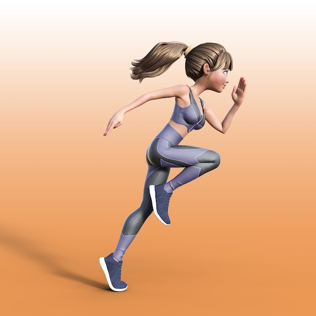 Ilustración de procesamiento 3D. Mujer de personaje de dibujos animados en ropa deportiva negra corriendo