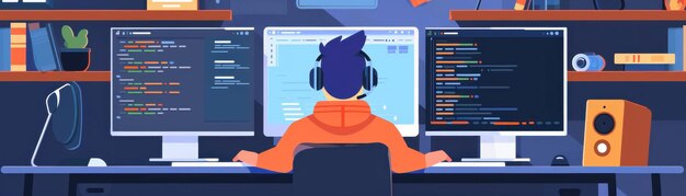 Ilustración de un programador trabajando en un proyecto con múltiples pantallas que muestran una organización dinámica y