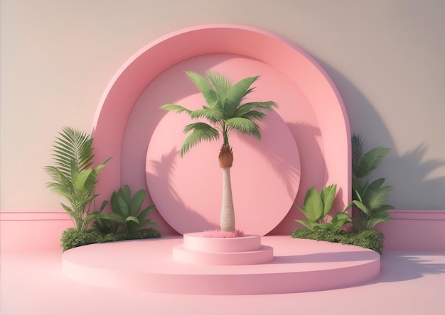 Ilustración promocional de verano del podio de pedestal de cilindro 3d realista con hojas de palma