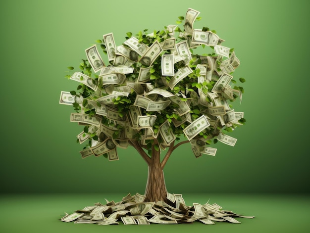 Ilustración de prosperidad de un frondoso árbol de dinero sobre un fondo verde
