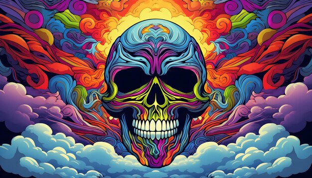 Ilustración psicodélica de un cráneo en colores de neón brillantes