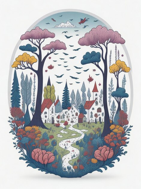 ilustración de un pueblo en el bosque