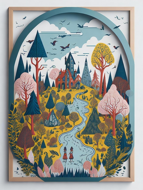 ilustración de un pueblo en el bosque