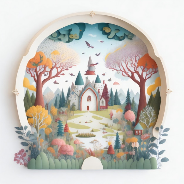 ilustración de un pueblo en el bosque