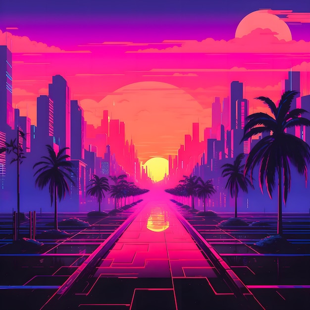 Foto ilustración de puesta de sol en cyber synth easy overlook sobre fondo de neón retro