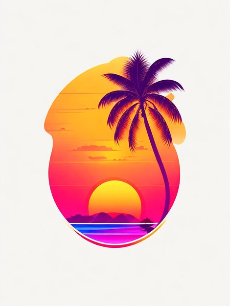 Foto ilustración puesta de sol hawaiana con palmeras fondo blanco sólido caída sombra colores vibrantes t