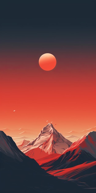 Ilustración de puesta de sol hiperdetallada con montañas y planeta