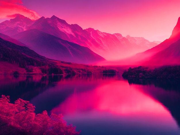 Ilustración puesta de sol rosa sobre las montañas descarga gratuita