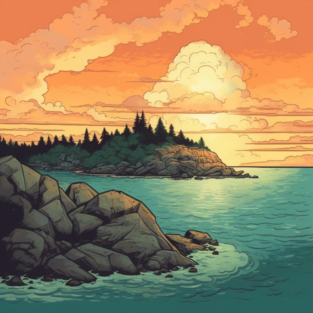 Ilustración de una puesta de sol sobre una costa rocosa con un faro generativo ai