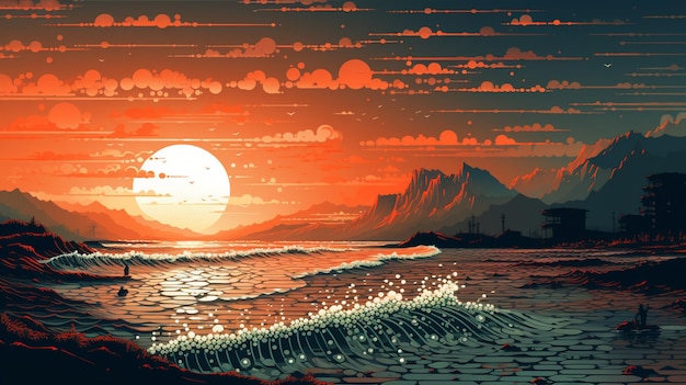 Ilustración de una puesta de sol sobre un cuerpo de agua con una ola que viene en generativo ai