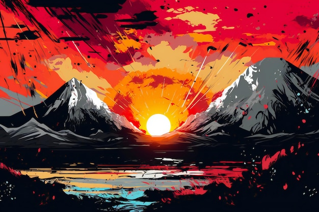 La ilustración de la puesta de sol sobre las montañas en estilo grunge