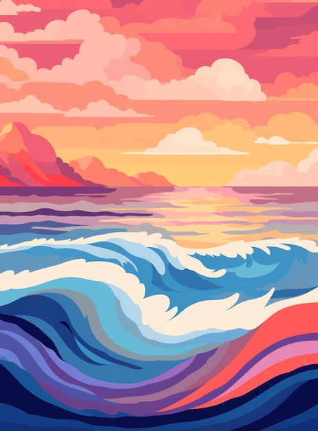Foto ilustración de una puesta de sol sobre el océano con olas generativas ai