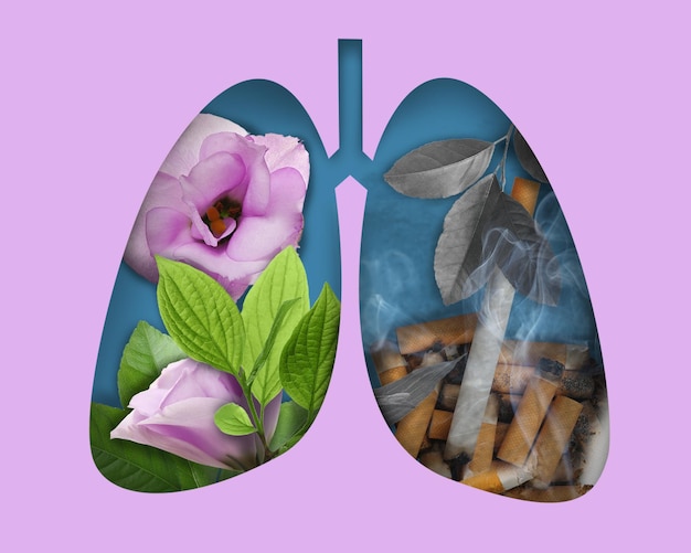 Foto ilustración de pulmones humanos una parte con imagen de flores frescas otra con cigarrillos sobre fondo rosa concepto de estilo de vida saludable y no saludable
