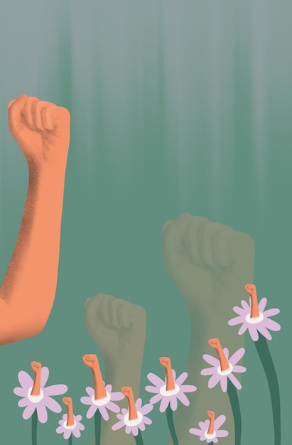 Foto ilustración puño de mujer con flores y espacio para texto día de la mujer