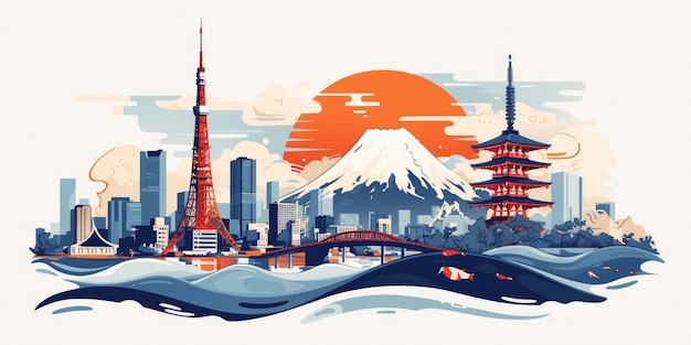 Una ilustración de los puntos de referencia japoneses la torre de Tokio y la puerta torii con el sol en un color naranja y patrones de olas en un fondo blanco en un diseño plano simple con colores apagados