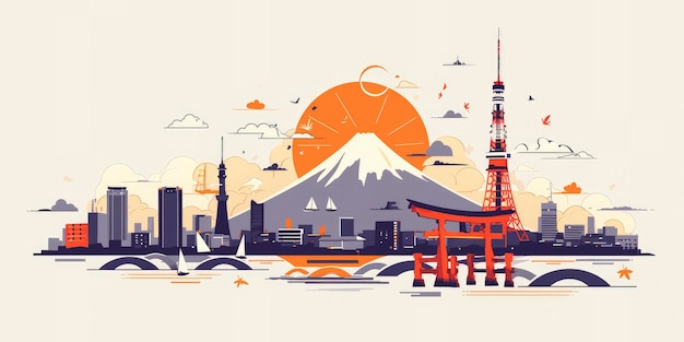 Una ilustración de los puntos de referencia japoneses la torre de Tokio y la puerta torii con el sol en un color naranja y patrones de olas en un fondo blanco en un diseño plano simple con colores apagados