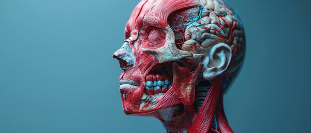 Foto ilustración que muestra la estructura ósea del sistema muscular y el sistema vascular para la cabeza, el cuello, los hombros y la parte posterior del cuerpo humano