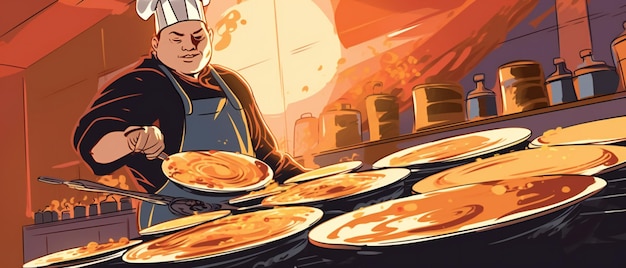 Una ilustración que muestra a un hábil chef de panqueques en acción.