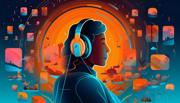 Una ilustración que muestra a una persona con auriculares y inmersa en un mundo de episodios de podcast