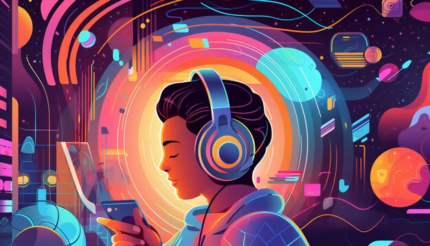 Una ilustración que muestra a una persona con auriculares y inmersa en un mundo de episodios de podcast