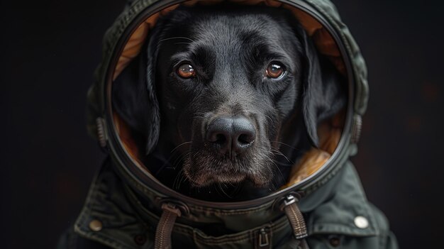 Una ilustración que representa al perro cosmonauta en un traje espacial con un casco en un fondo oscuro Concepto de viaje espacial para animales