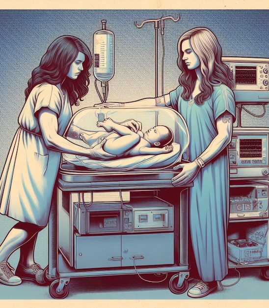 Ilustración que representa al personal médico en el hospital cuidando a un bebé recién nacido