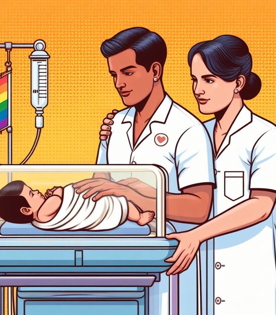 Ilustración que representa al personal médico en el hospital cuidando a un bebé recién nacido