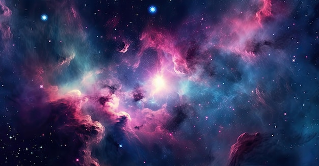 Ilustración que representa el espacio con hermosas estrellas en tonos de azul y rosa IA generativa