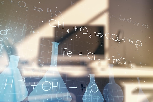 Foto ilustración de química creativa y escritorio moderno con pc sobre ciencia de fondo y concepto de investigación multiexposición