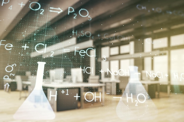 Ilustración de química virtual abstracta en un concepto moderno de ciencia e investigación de fondo de aula amueblada Multiexposición