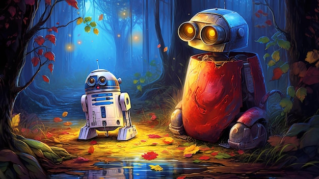 Foto ilustración de r2d2 y wall-e dibujados como un personaje de disney people, generative ai