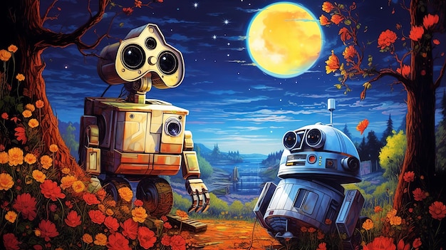 Ilustración de R2D2 y Wall-E dibujados como un personaje de Disney People, Generative ai