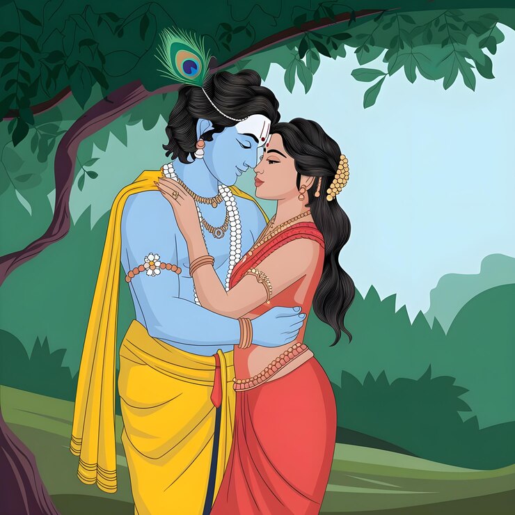 Ilustración de Radha y Krishna dibujada a mano