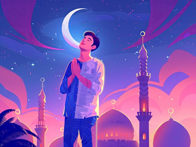 Ilustración de Ramadán un hombre musulmán está orando frente a la mezquita