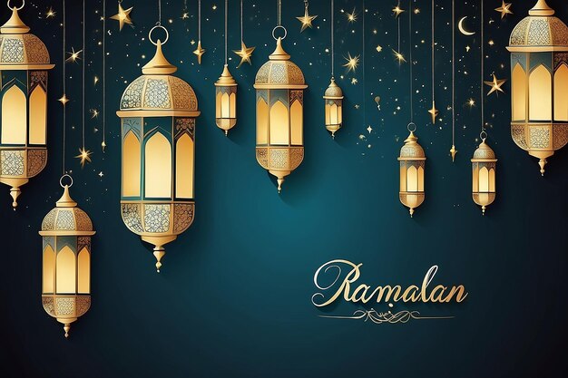 Ilustración Ramadan Kareem Fondo con lámparas Fanoos Media luna y estrellas Vector