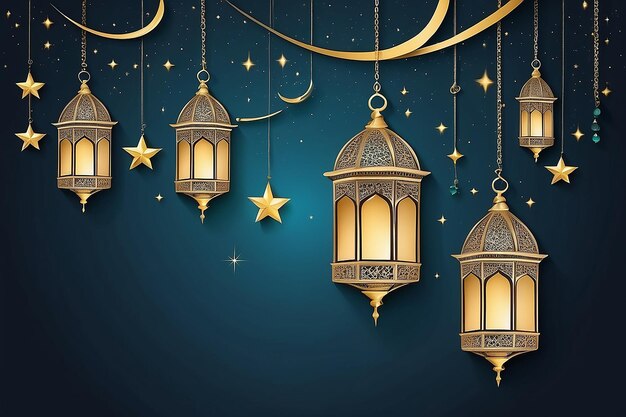 Ilustración Ramadan Kareem Fondo con lámparas Fanoos Media luna y estrellas Vector