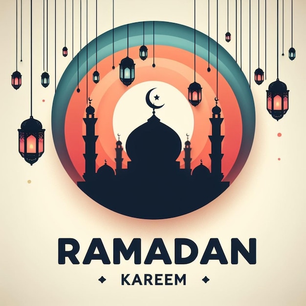 Ilustración de Ramadán Kareem con fondo de mezquita y linternas colgantes