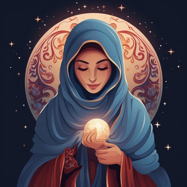 Foto ilustración de ramadan kareem con una mujer musulmana hijabi sosteniendo una linterna