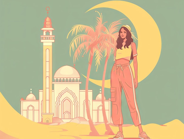 Ilustración de Ramadán una mujer musulmana está de pie frente a la mezquita