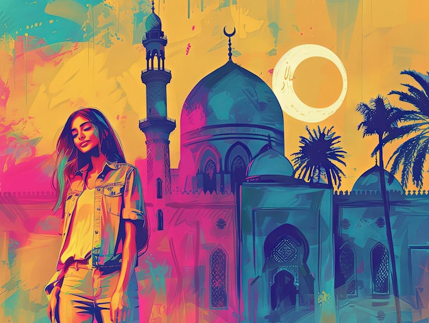 Ilustración de Ramadán una mujer musulmana está de pie frente a la mezquita