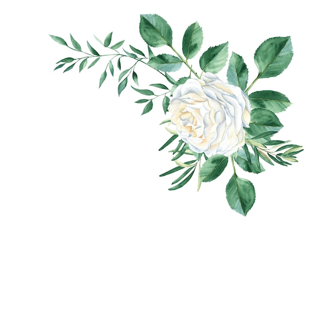 Ilustración de ramo floral acuarela con gypsophila rosa blanca y vegetación rústica