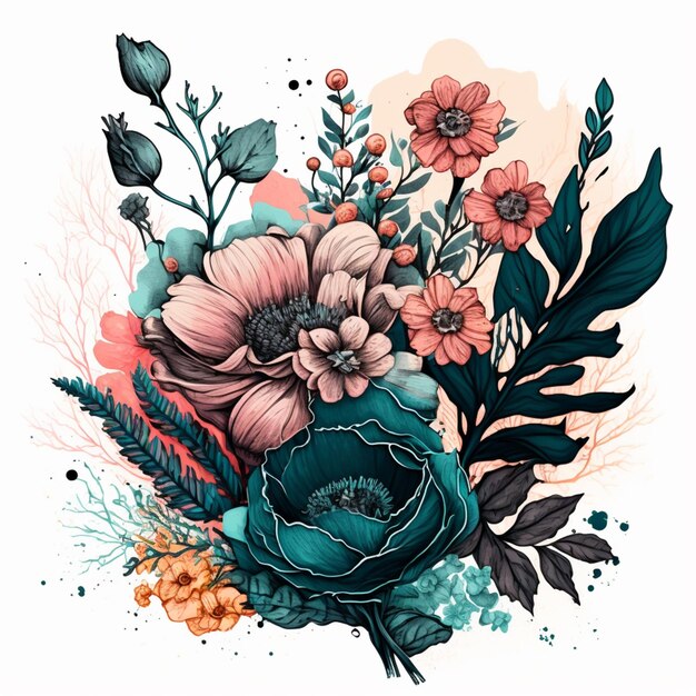 ilustración de un ramo de flores con hojas y bayas ai generativo