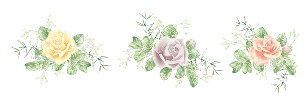 Ilustración de ramos florales en acuarela con rosa lila, rosa amarillo y hojas verdes