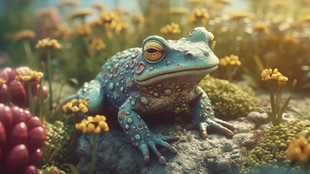 Ilustración de una rana en medio de un bosque 3d realista