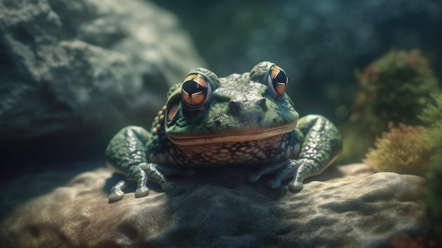 Ilustración de una rana en medio de un bosque 3d realista