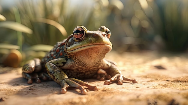 Ilustración de una rana en medio de un bosque 3d realista