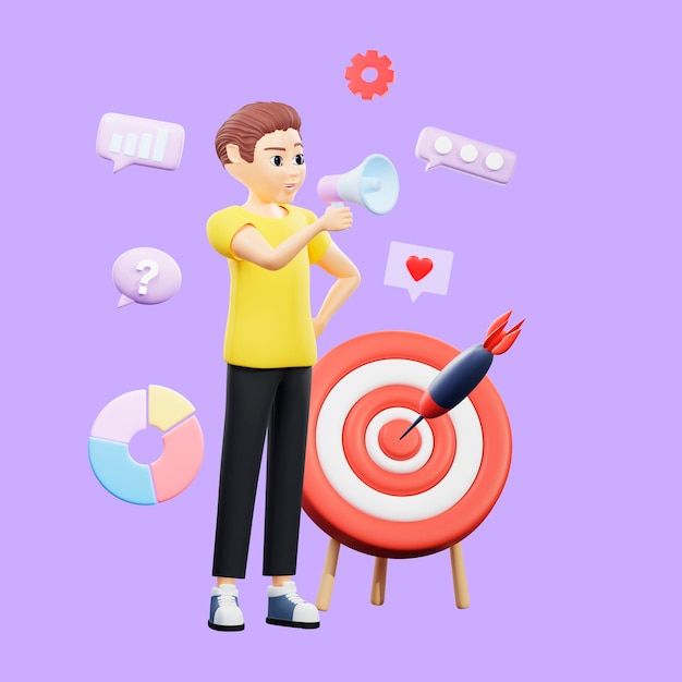 Ilustración rasterizada del hombre habla por el altavoz Un joven con una camiseta amarilla se para cerca del objetivo con una flecha botones de medios sociales discurso burbuja marketing público objetivo representación 3d