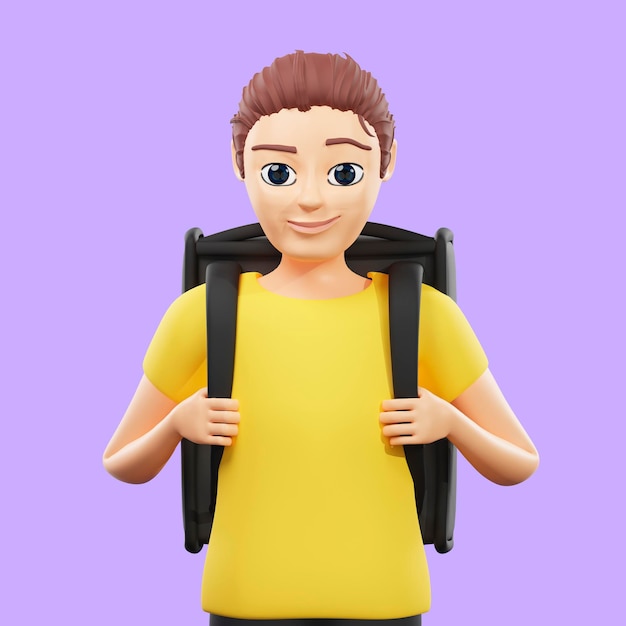 Ilustración rasterizada de un hombre con una mochila en la espalda de cerca Un joven con una camiseta amarilla va a la escuela entrega paquetes, cargador de cartero, ilustraciones en 3D para negocios y publicidad