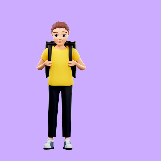 Ilustración rasterizada de un hombre con una mochila en la espalda Un joven con una camiseta amarilla va a la escuela entrega paquetes, cargador de cartero, ilustraciones en 3D para negocios y publicidad